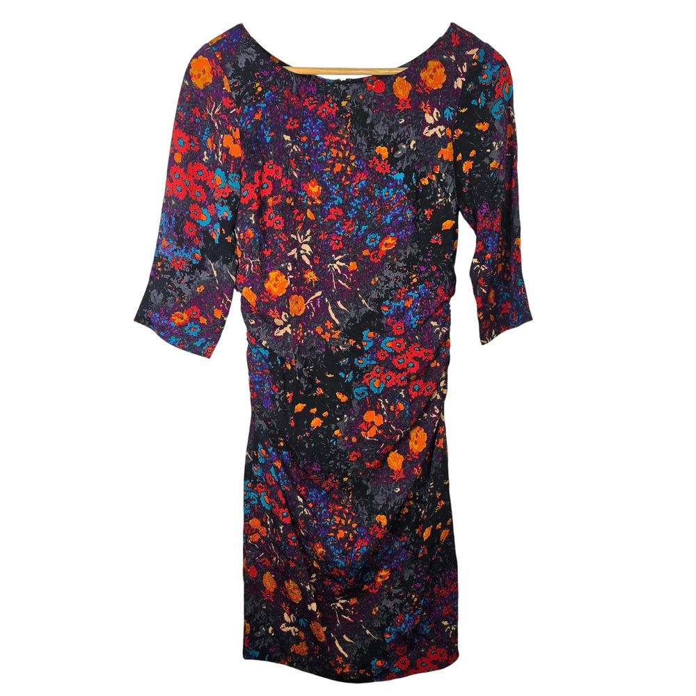 Tracy Reese Floral Print Ruched 3/4 Sleeve Silk Blend Dress - Size M